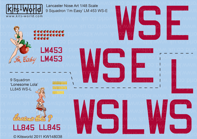 Kitsworld Kitsworld Lancaster Bomber- 1/48 Scale Decal Sheet KW148038 9 Squadron 'I'm Easy' LM453 WS-E, 'Lonesome Lola' LL845 WS-L
 