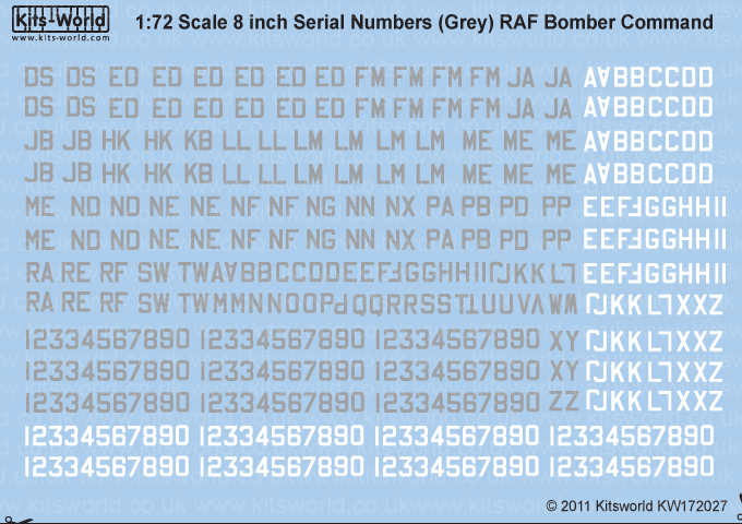 Kitsworld Kitsworld 8' RAF Serial Numbers Sea Grey/White1/72 Scale Decal Sheet 
KW172027 Aircraft Serial Number - Aircraft Number - Registration Number 
 