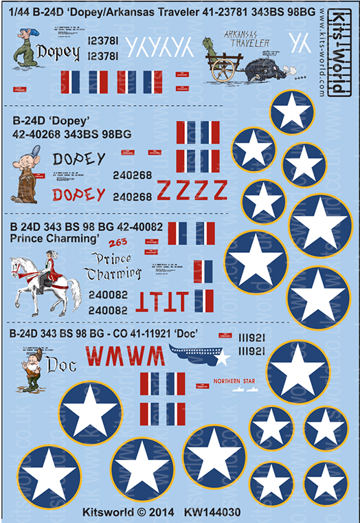Kitsworld Kitsworld  - 1/144 Scale Decal Sheet B-24D Liberators KW144030 Snow White  Squadron~ 