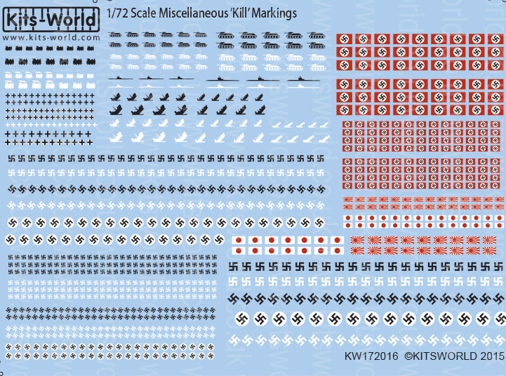 Kitsworld Miscellaneous 'Kill' Markings - Multi Scale Decal Sheet KW172016 Various Scales 1:72, 1:48, 1:32 unusual 'kill' markings
 